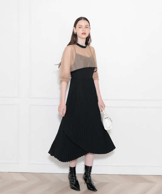 2WAYブラウスプリーツキャミワンピースセットアップ美脚効果ロングワンピースドレス結婚式 パーティードレス