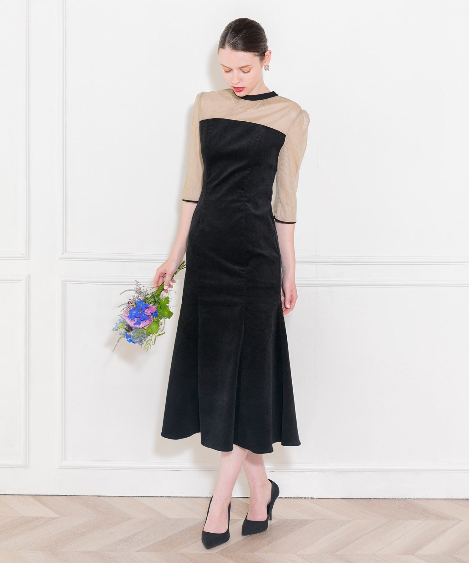 バックリボン美脚効果シアー切り替えマーメイドフレアドレスワンピース  