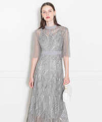 LEJA-スパンコール刺繍レースプチハイネックフリルロングドレスワンピース美脚効果結婚式 パーティードレス