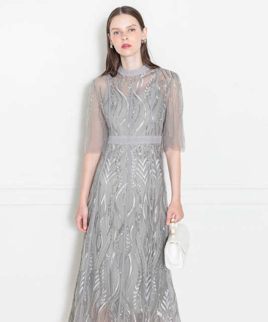 LEJA-スパンコール刺繍レースプチハイネックフリルロングドレスワンピース美脚効果結婚式 パーティードレス