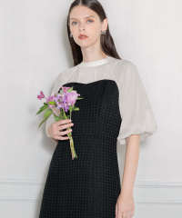 LEJA-レイヤード風異素材シアー切り替えワッフル生地美脚効果ドレス結婚式 パーティードレス