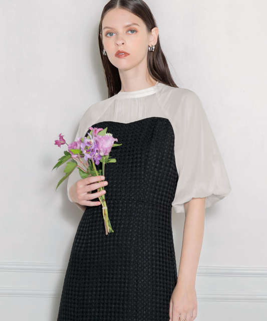 LEJA-レイヤード風異素材シアー切り替えワッフル生地美脚効果ドレス結婚式 パーティードレス