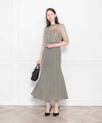 LEJA-レース花柄透け切り替えロング丈マーメイドフレアドレスワンピース結婚式 パーティードレス