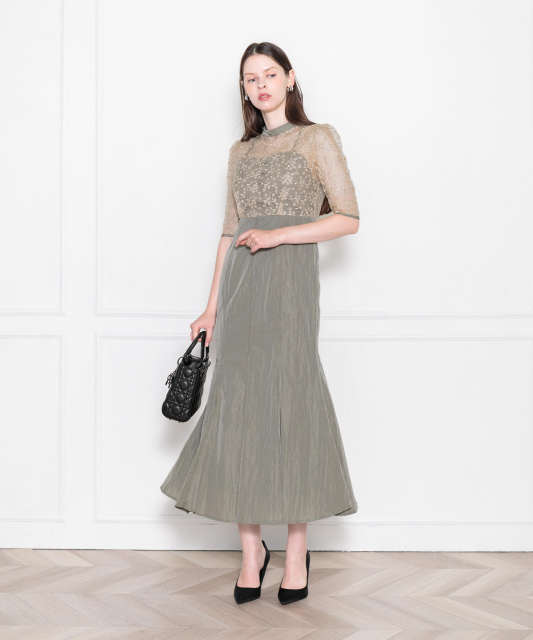 LEJA-レース花柄透け切り替えロング丈マーメイドフレアドレスワンピース結婚式 パーティードレス