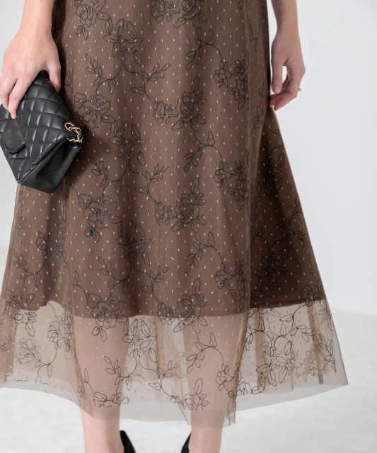 花柄刺繍オーガンジーレース切替えビスチェ風チュールロング丈美脚効果  