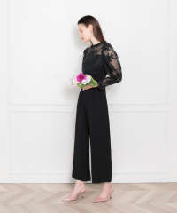 LEJA-プチハイネック後ろリボンボレロ風花柄レース異素材切替パンツドレス美脚効果結婚式 パーティードレス