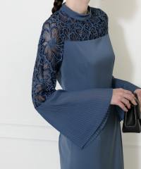 レース切替スリットAラインロングドレスワンピース美脚効果結婚式 パーティードレス