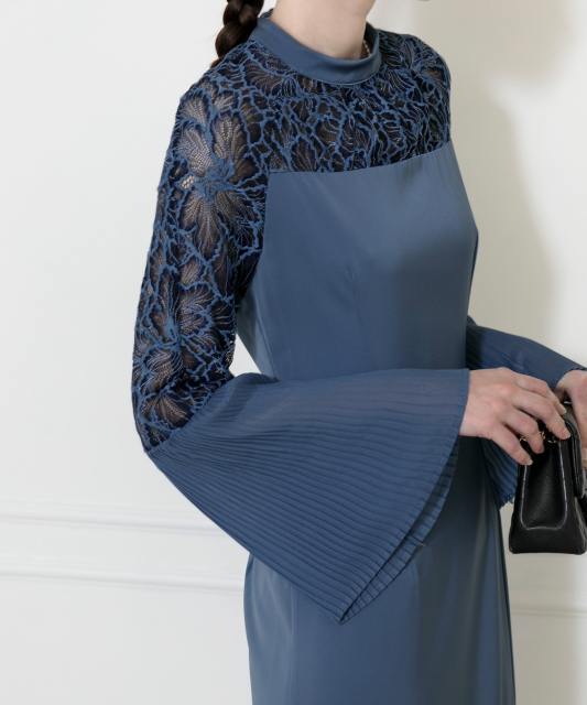 レース切替スリットAラインロングドレスワンピース美脚効果結婚式 パーティードレス