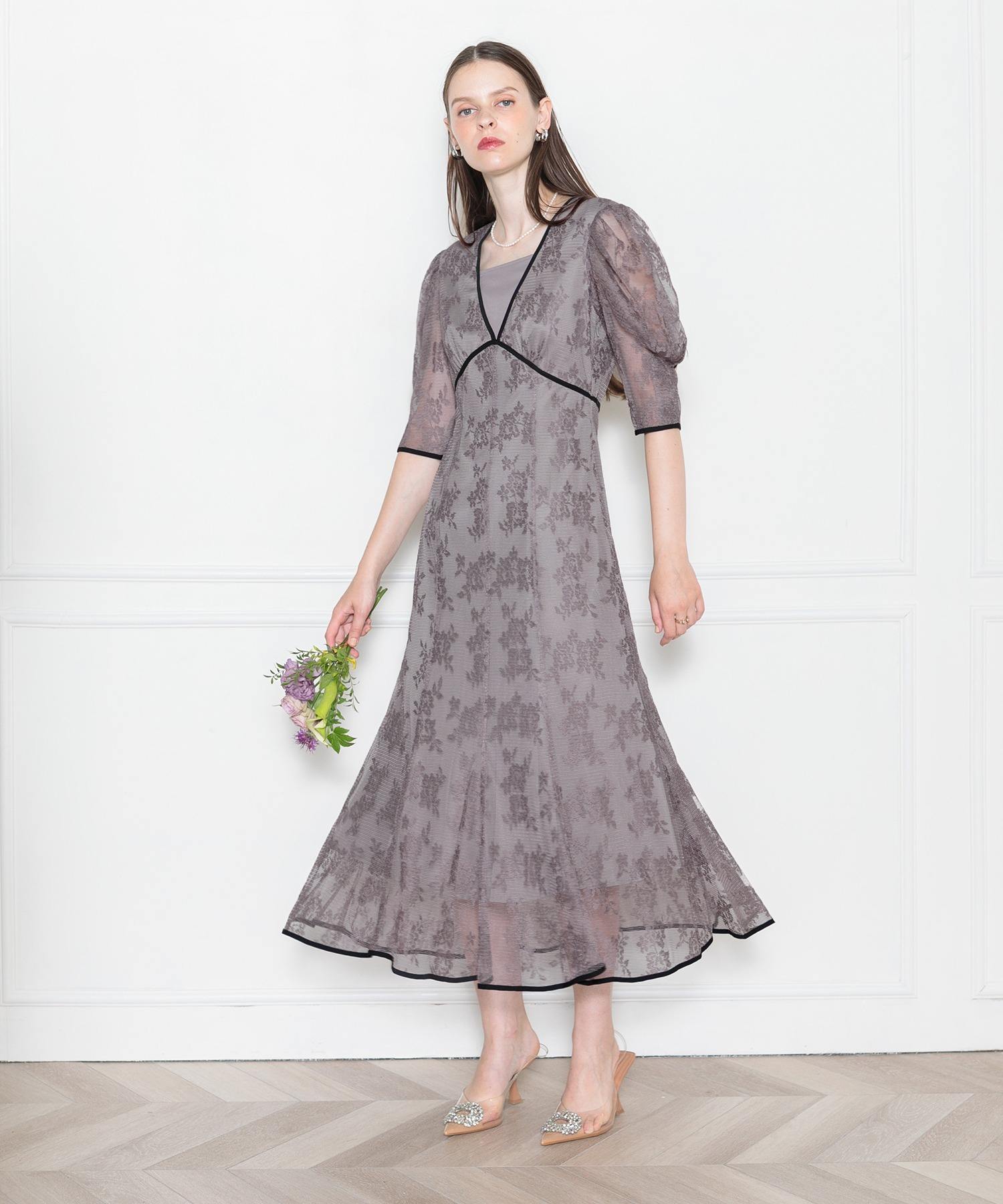 LEJA-配色パイピング総レース花柄パフスリーブワンピースロングドレス美脚効果結婚式 パーティードレス