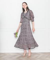 LEJA-配色パイピング総レース花柄パフスリーブワンピースロングドレス美脚効果結婚式 パーティードレス