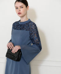 レース切替スリットAラインロングドレスワンピース美脚効果結婚式 パーティードレス