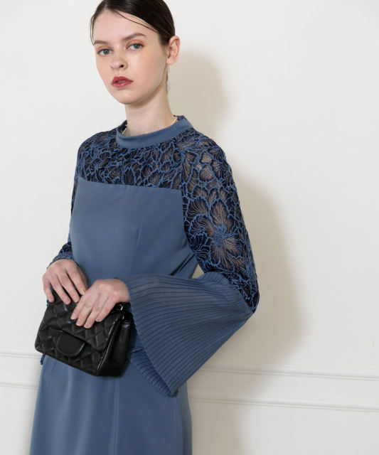 レース切替スリットAラインロングドレスワンピース美脚効果結婚式 パーティードレス