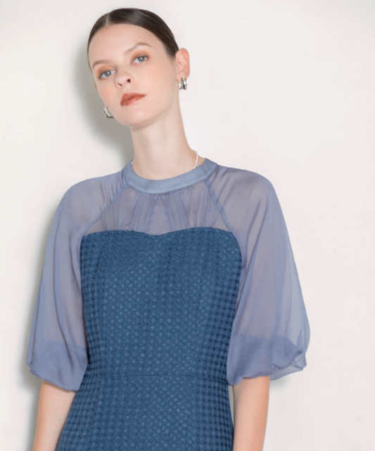 LEJA-レイヤード風異素材シアー切り替えワッフル生地美脚効果ドレス結婚式 パーティードレス