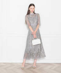 LEJA-スパンコール刺繍レースプチハイネックフリルロングドレスワンピース美脚効果結婚式 パーティードレス