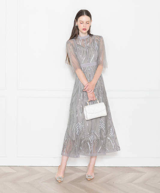 LEJA-スパンコール刺繍レースプチハイネックフリルロングドレスワンピース美脚効果結婚式 パーティードレス