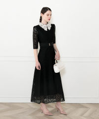 レースビッグカラー花柄刺繍ウエストマークロングフレアドレスワンピース美脚効果結婚式 パーティードレス
