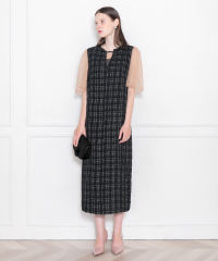 LEJA-インナーシアーブラウスセット刺繍チェックジャンスカロング丈ドレスワンピース美脚効果結婚式 パーティードレス