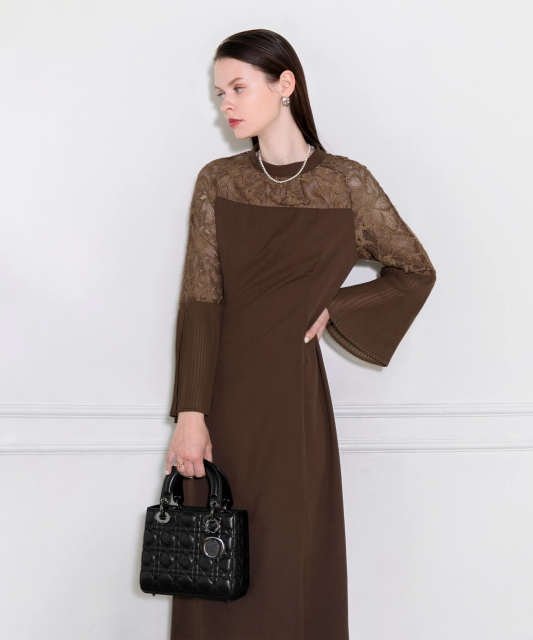 レース切替スリットAラインロングドレスワンピース美脚効果結婚式 パーティードレス