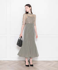 レース花柄透け切り替えロング丈マーメイドフレアドレスワンピース結婚式 パーティードレス