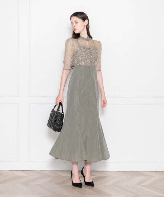 レース花柄透け切り替えロング丈マーメイドフレアドレスワンピース結婚式 パーティードレス