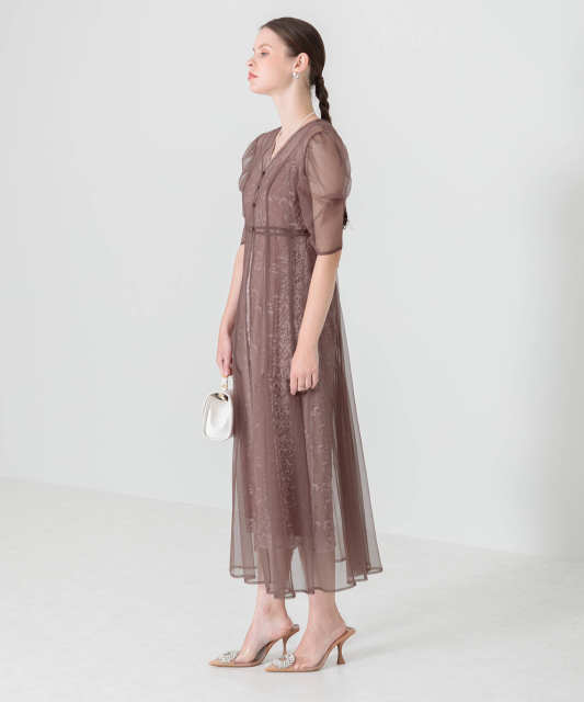 花柄総レースパフスリーブウエストリボンキャミワンピースセットアップ美脚効果ドレス結婚式 パーティードレス