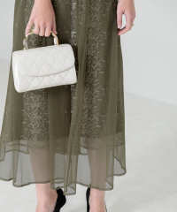 LEJA-花柄総レースパフスリーブウエストリボンキャミワンピースセットアップ美脚効果ドレス結婚式 パーティードレス