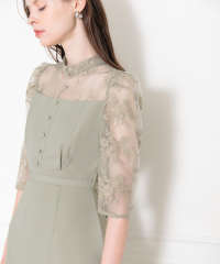 LEJA-ウエストベルト付き透け感刺繍レース切り替えロング丈ドレスワンピース美脚効果結婚式 パーティードレス