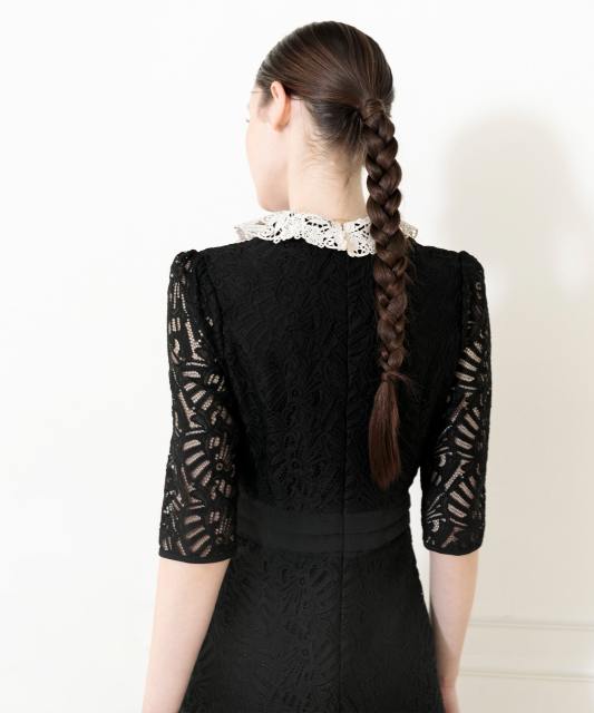 レースビッグカラー花柄刺繍ウエストマークロングフレアドレスワンピース美脚効果結婚式 パーティードレス