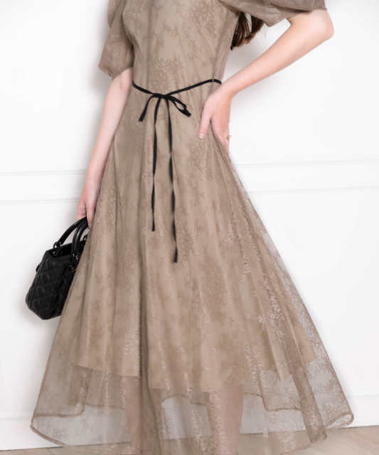 LEJA-パフスリーブウエストリボン総レースロングドレスワンピース美脚効果結婚式 パーティードレス