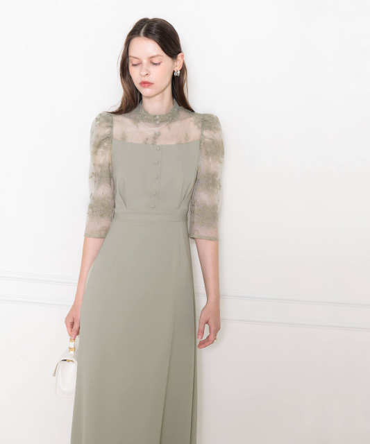 ウエストベルト付き透け感刺繍レース切り替えロング丈ドレスワンピース  