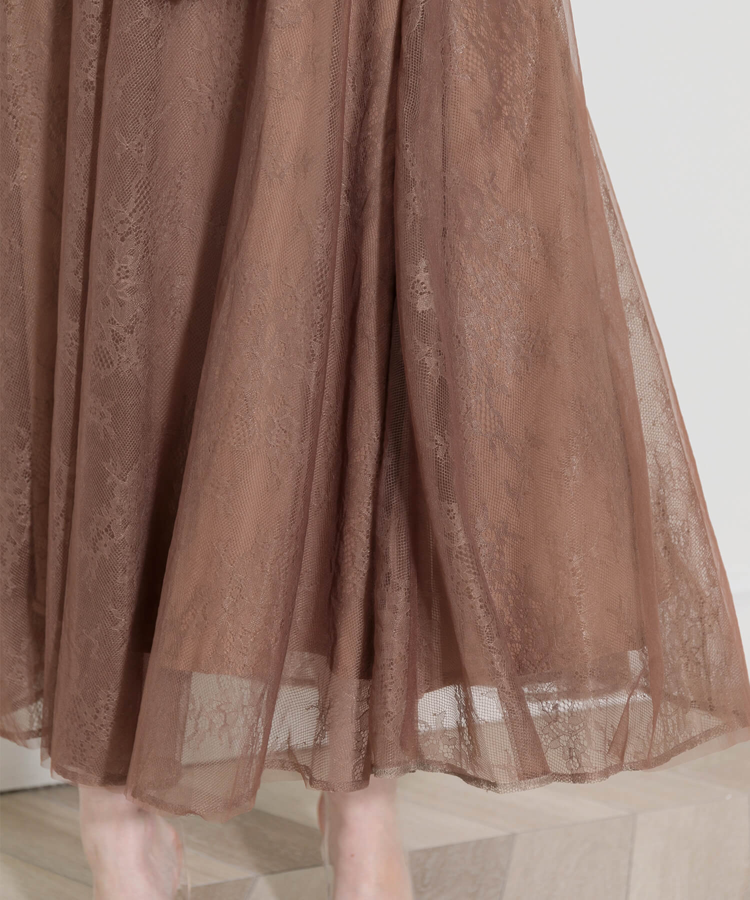 総レース花柄レイヤード配色フレア後ろリボン美脚効果ロングワンピース