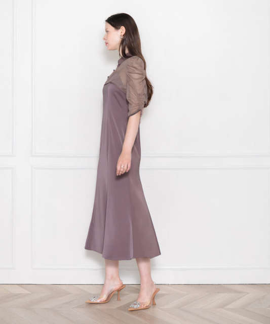 LEJA-透け感チャイナトップス付きロング丈キャミソールセットアップワンピースドレス美脚効果結婚式 パーティードレス