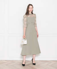 LEJA-ウエストベルト付き透け感刺繍レース切り替えロング丈ドレスワンピース美脚効果結婚式 パーティードレス