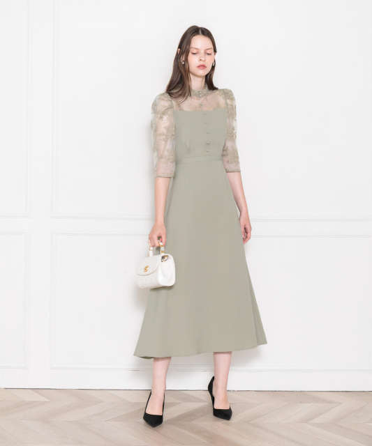 LEJA-ウエストベルト付き透け感刺繍レース切り替えロング丈ドレスワンピース美脚効果結婚式 パーティードレス