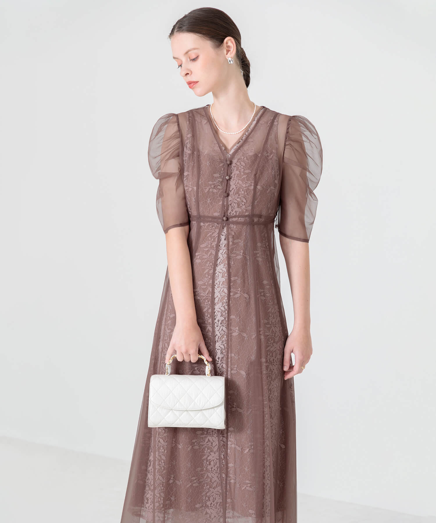 【LEJA】花柄総レースパフスリーブウエストリボン ドレス パーティ ワンピース レジャ Leja 花柄総レースパフスリーブウエストリボンキャミワンピース