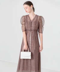 LEJA-花柄総レースパフスリーブウエストリボンキャミワンピースセットアップ美脚効果ドレス結婚式 パーティードレス