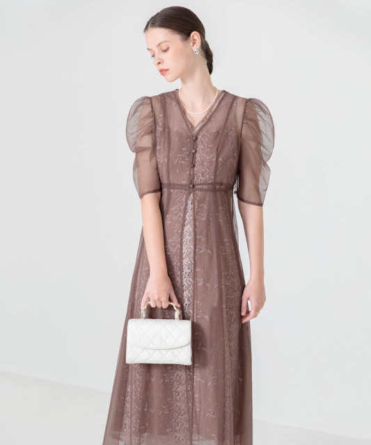 LEJA-花柄総レースパフスリーブウエストリボンキャミワンピースセットアップ美脚効果ドレス結婚式 パーティードレス