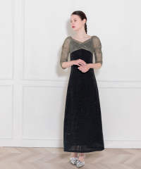 レース切替透けキラキラAラインロングドレスワンピース美脚効果結婚式 パーティードレス