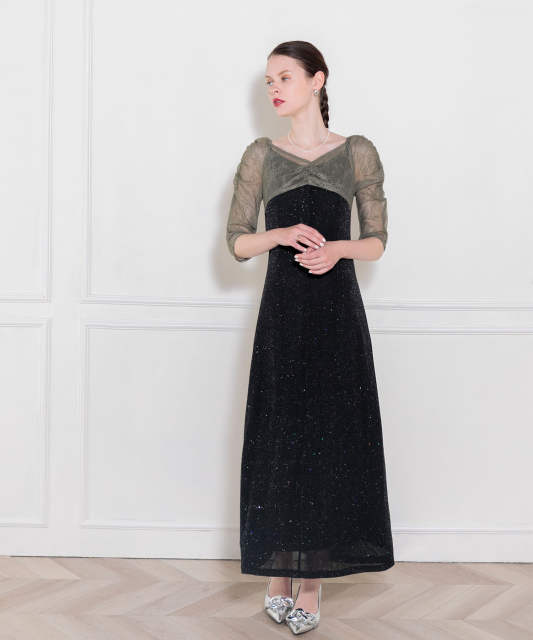 レース切替透けキラキラAラインロングドレスワンピース美脚効果結婚式 パーティードレス