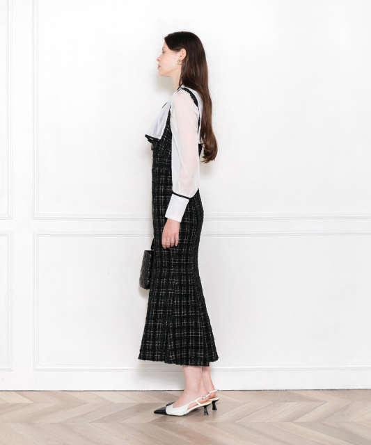 LEJA-2WAY襟付き異素材マーメードロングドレスワンピース美脚効果結婚式 パーティードレス