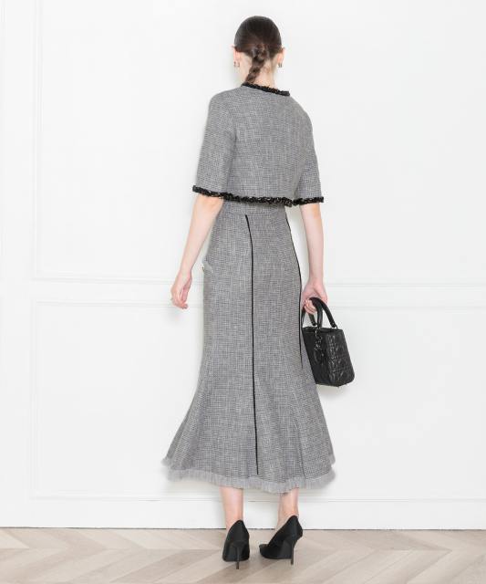 ツイード柄半袖ジャケット釦セットアップロング丈マーメイドスカート  