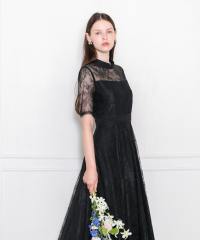 ハイネック花柄レースウエストマーク透けロングドレスワンピース美脚効果結婚式 パーティードレス