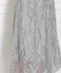 LEJA-スパンコール刺繍レースプチハイネックフリルロングドレスワンピース美脚効果結婚式 パーティードレス