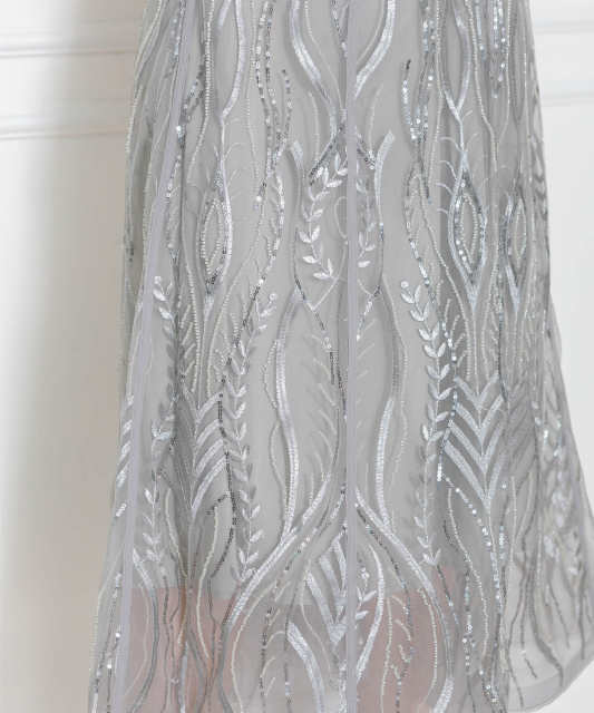 LEJA-スパンコール刺繍レースプチハイネックフリルロングドレスワンピース美脚効果結婚式 パーティードレス