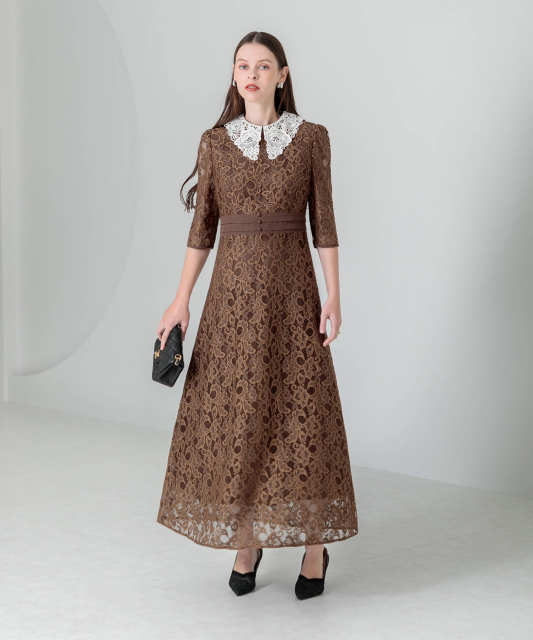レースビッグカラー花柄刺繍ウエストマークロングフレアドレスワンピース美脚効果結婚式 パーティードレス