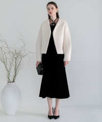 ドレスに合うアウター Vネックショートファーコートドロップショルダージャケット