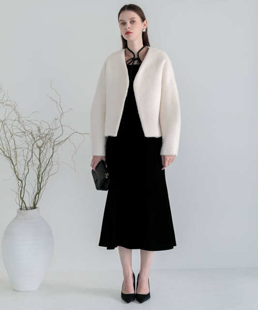 ドレスに合うアウター Vネックショートファーコートドロップショルダージャケット