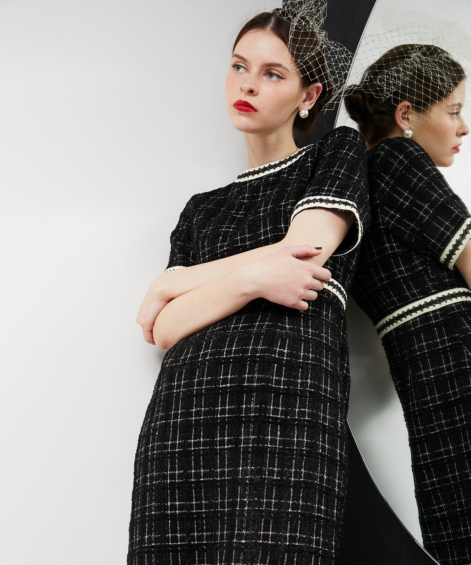 美脚効果スリット入りツイード柄ハイウエストドレス結婚式(TV紹介