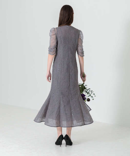 刺繍レースウエストサイド釦マーメイドシルエットジャンスカロング丈ドレスワンピース美脚効果結婚式 パーティードレス