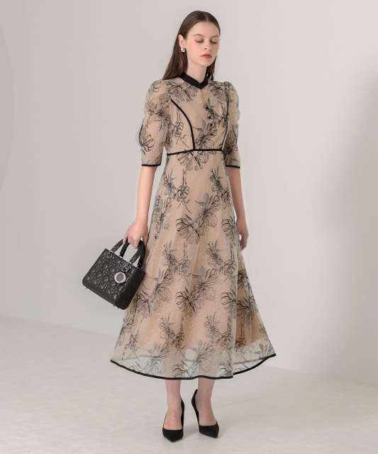 配色パイピングプチハイネック花柄刺繍ラメレースロング丈ドレスワンピース美脚効果結婚式 パーティードレス